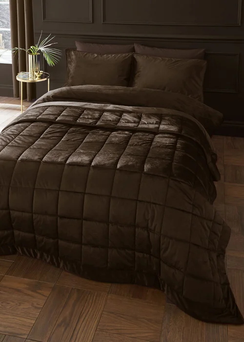 Catherine Lansfield Kingsley Matt Velvet Quilted 220x220cm Bedspread Chocolate - One Size Image 1