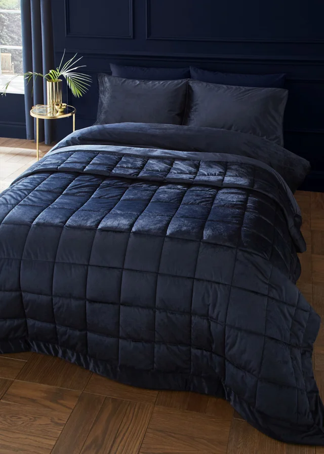 Catherine Lansfield Kingsley Matt Velvet Quilted 220x220cm Bedspread Navy Blue
