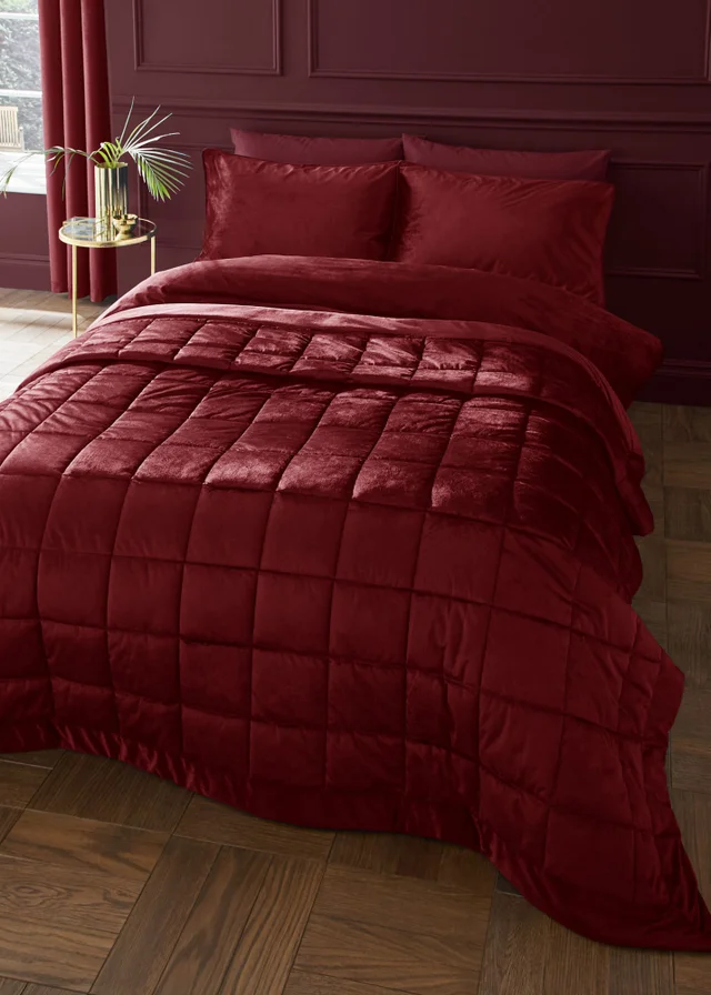 Catherine Lansfield Kingsley Matt Velvet Quilted 220x220cm Bedspread Burgundy