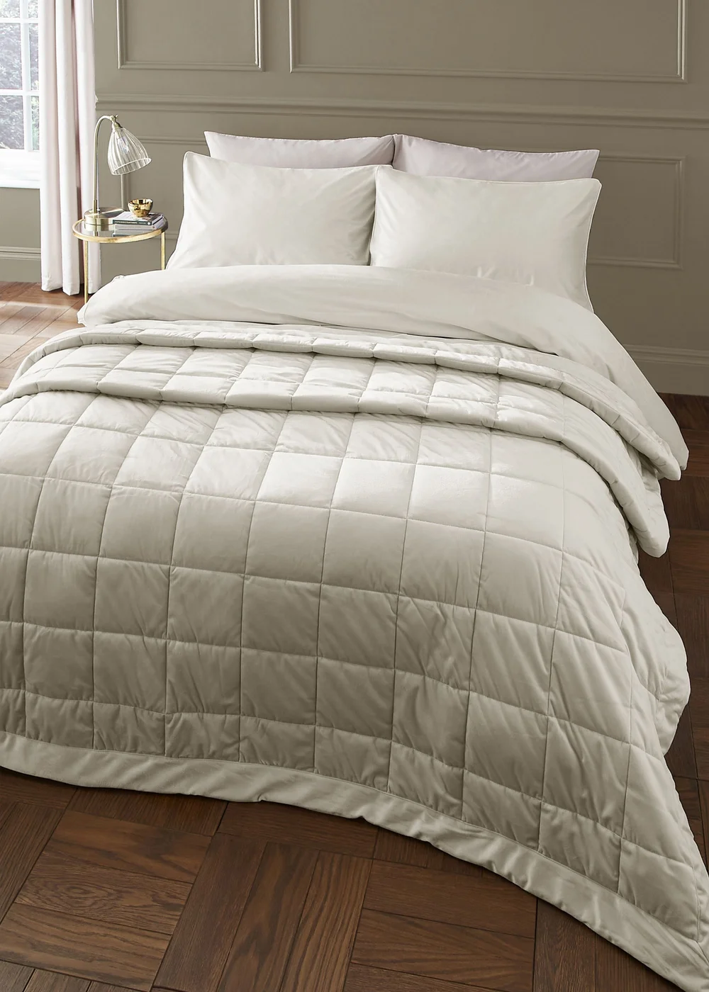 Catherine Lansfield Kingsley Matt Velvet Quilted 220x220cm Bedspread Cream - One Size Image 1