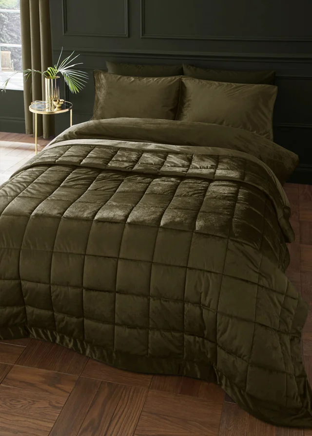 Catherine Lansfield Kingsley Matt Velvet Quilted 220x220cm Bedspread Olive Green