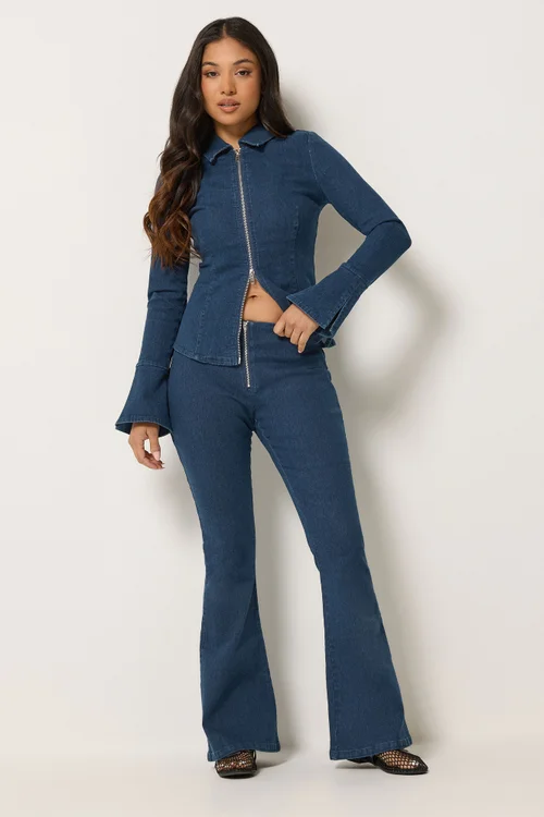 PixieGirl Petite Indigo Blue Zip Front Kick Flare Jeans - 18/l27 Image 1