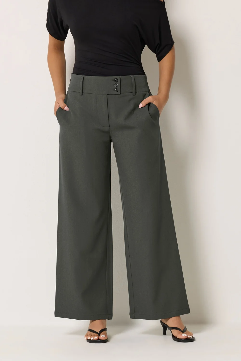PixieGirl Petite Dark Grey Button Tab Detail Wide Leg Trousers - 14/L27 Image 2