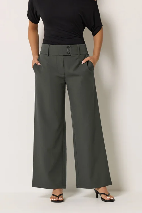 PixieGirl Petite Dark Grey Button Tab Detail Wide Leg Trousers - 14/L27 Image 2
