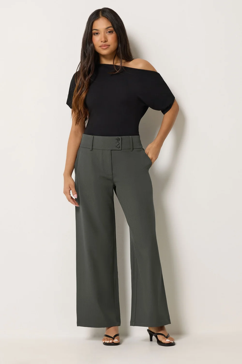 PixieGirl Petite Dark Grey Button Tab Detail Wide Leg Trousers - 14/L27 Image 1