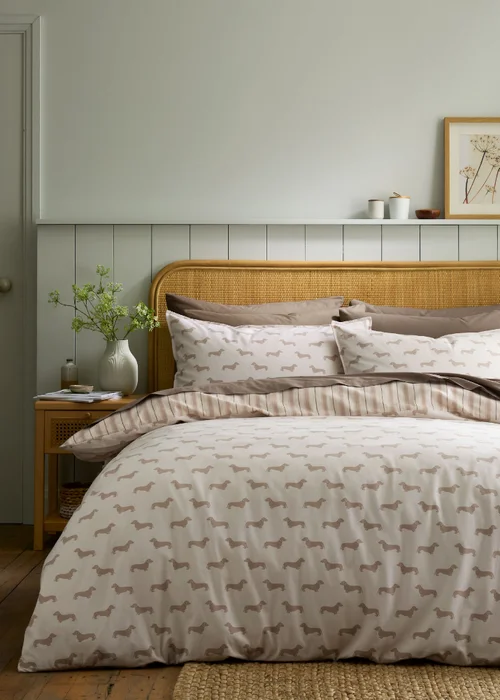 Emily Bond Brushed Peggy Dachshund 100% Cotton Reversible Duvet Cover Set Cream - Single Image 1