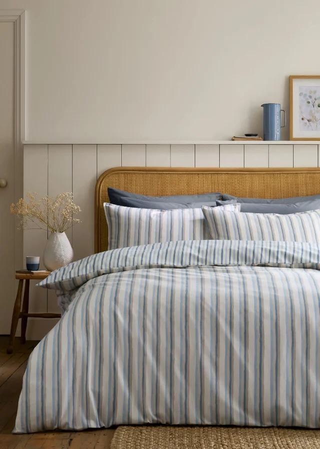 Emily Bond Brushed Somerset Stripe 100% Cotton Reversible Duvet Cover Set Blue