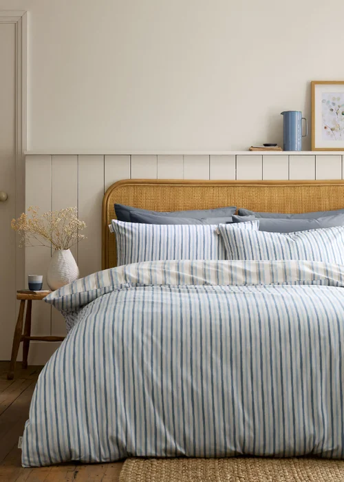 Emily Bond Brushed Somerset Stripe 100% Cotton Reversible Duvet Cover Set Blue - Single Image 2
