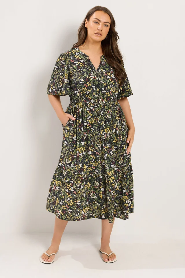 Yours Curve Black Floral Placket Midi Dress