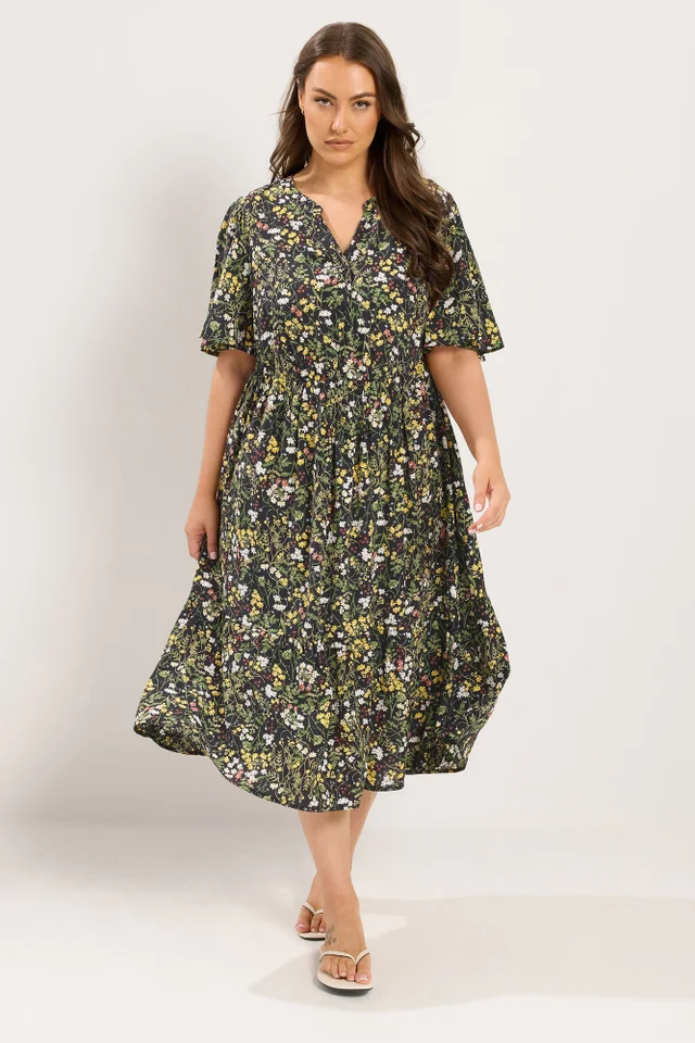 Yours Curve Black Floral Placket Midi Dress