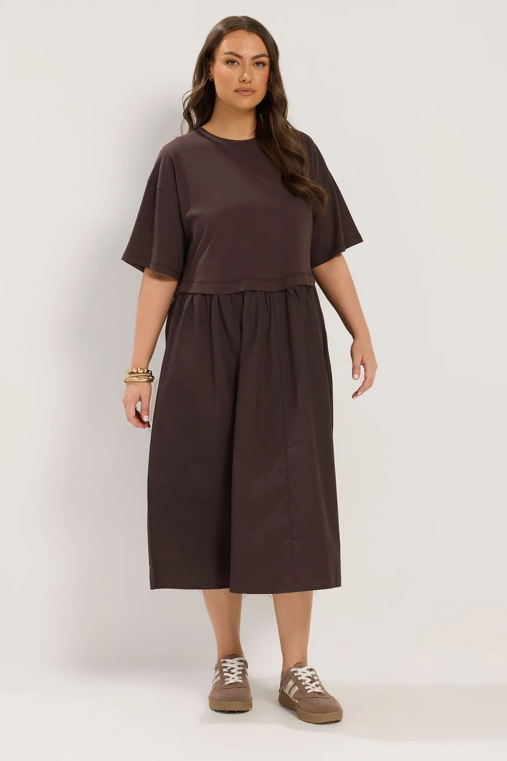 Yours Curve Chocolate Brown 2-In-1 Poplin Midi Dress - 38-40 Image 2