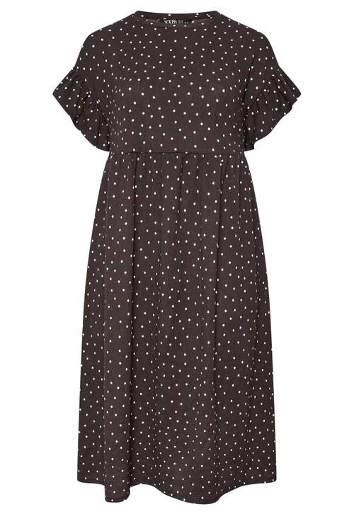 Yours Curve Chocolate Brown Polka Dot Frill Sleeve Midi Dress - 20 Image 5