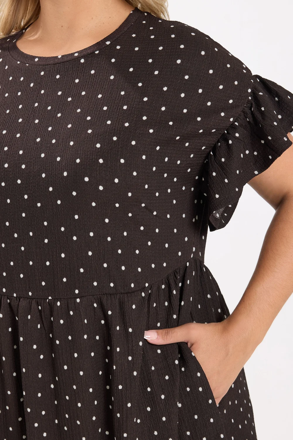 Yours Curve Chocolate Brown Polka Dot Frill Sleeve Midi Dress - 20 Image 4