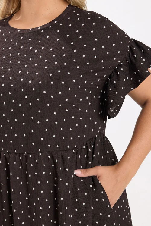 Yours Curve Chocolate Brown Polka Dot Frill Sleeve Midi Dress - 20 Image 4