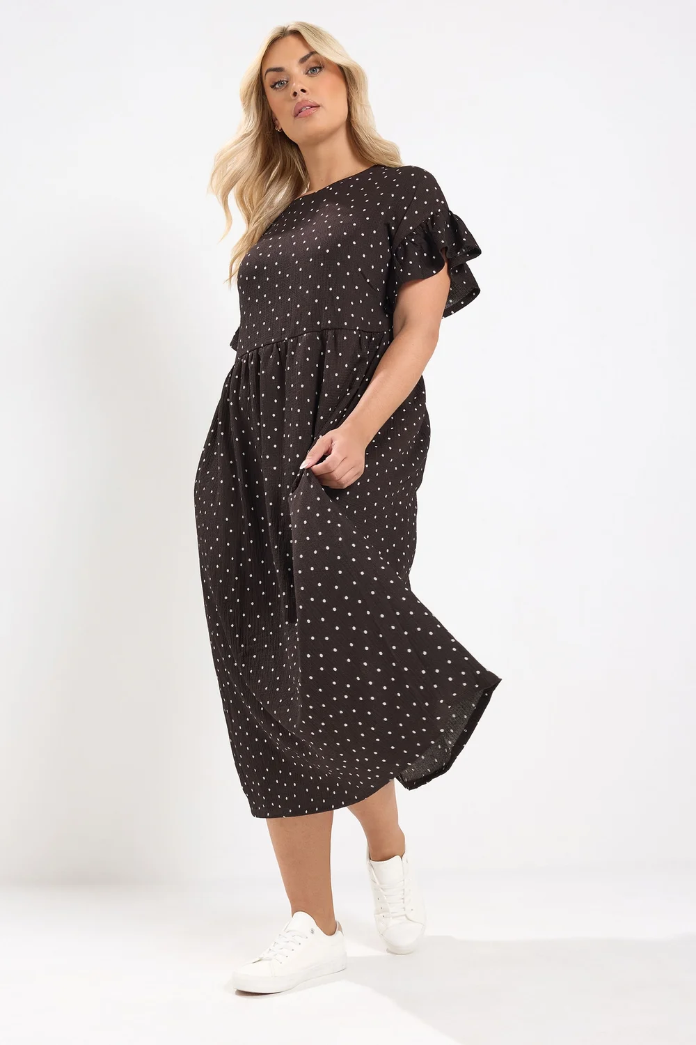 Yours Curve Chocolate Brown Polka Dot Frill Sleeve Midi Dress - 20 Image 1