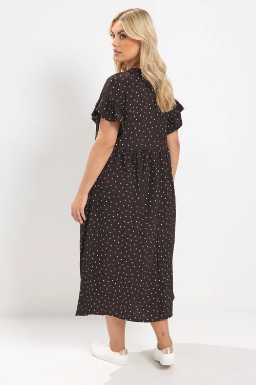 Yours Curve Chocolate Brown Polka Dot Frill Sleeve Midi Dress - 20 Image 3