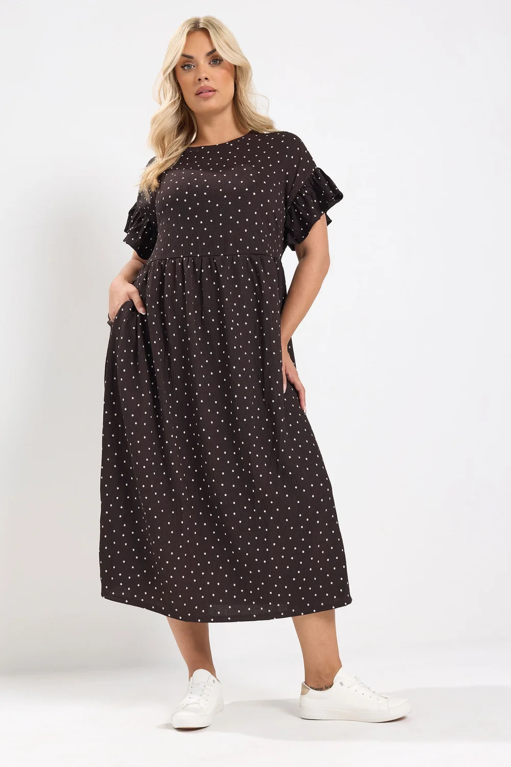 Yours Curve Chocolate Brown Polka Dot Frill Sleeve Midi Dress - 20 Image 2