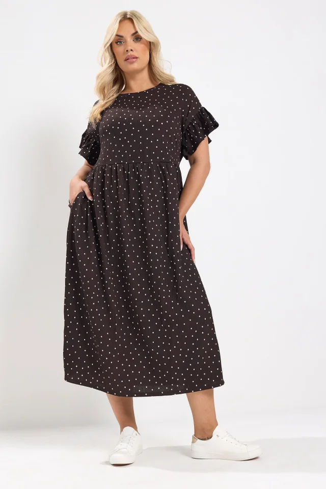 Yours Curve Chocolate Brown Polka Dot Frill Sleeve Midi Dress