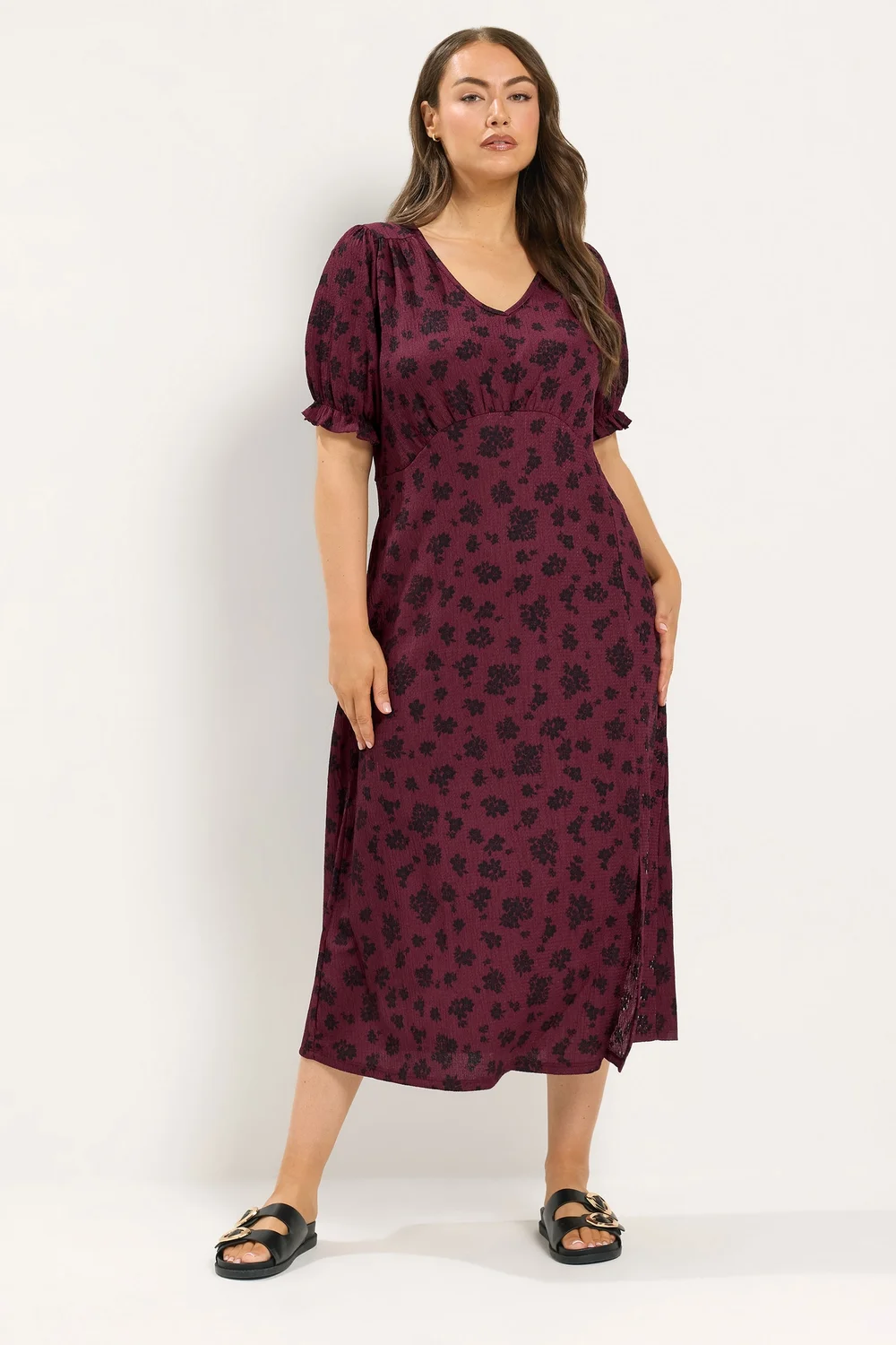 Yours Curve Burgundy Red Floral Tea Dress - 12 Image 2