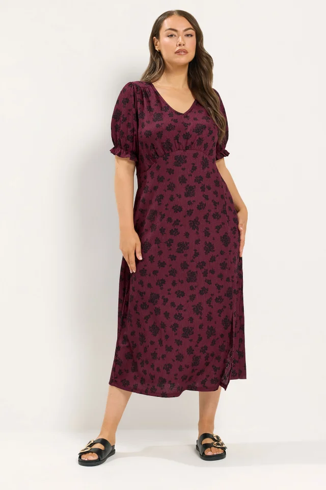 Yours Curve Burgundy Red Floral Tea Dress