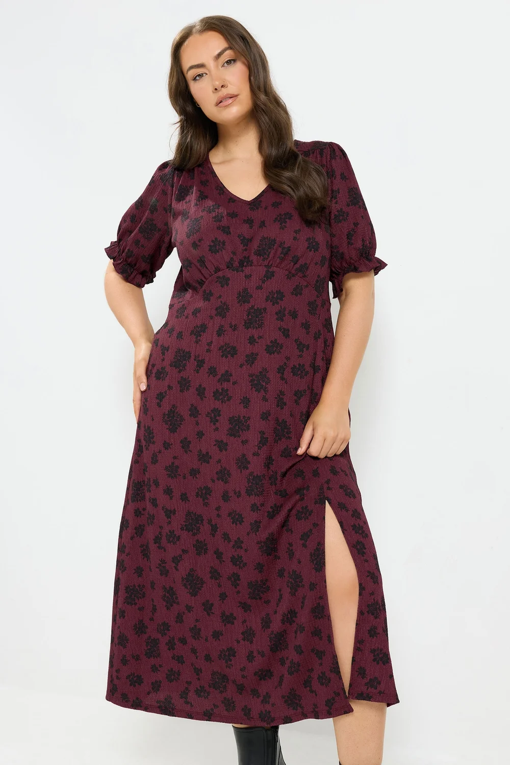 Yours Curve Burgundy Red Floral Tea Dress - 12 Image 2