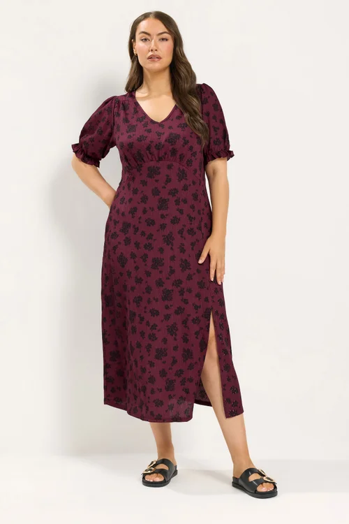 Yours Curve Burgundy Red Floral Tea Dress - 12 Image 1