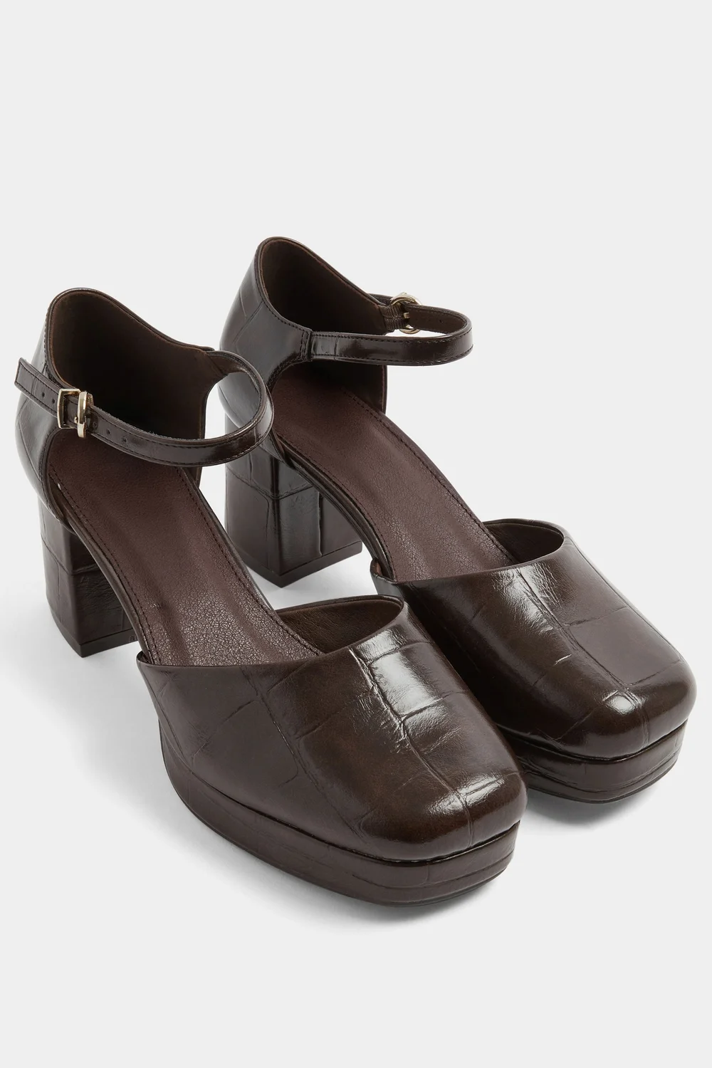 Yours Brown Croc Faux Leather Platform Block Heels In Extra Wide EEE Fit - 5 Extra Wide Image 2