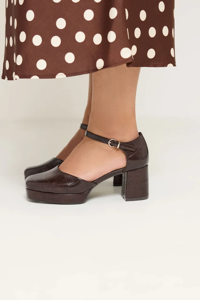 Yours Brown Croc Faux Leather Platform Block Heels In Extra Wide EEE Fit