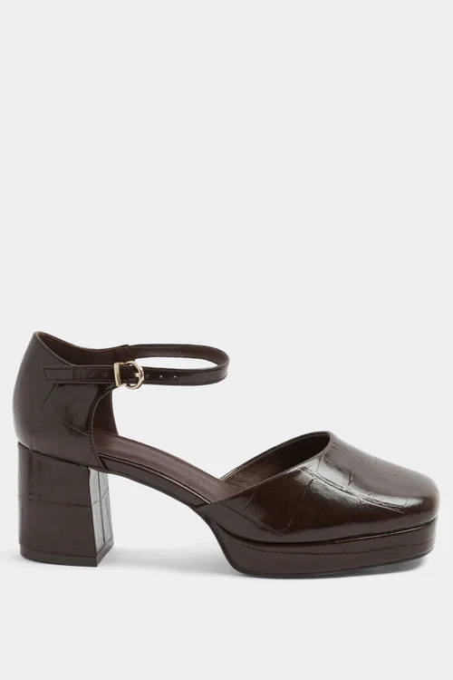 Yours Brown Croc Faux Leather Platform Block Heels In Extra Wide EEE Fit - 5 Extra Wide Image 3