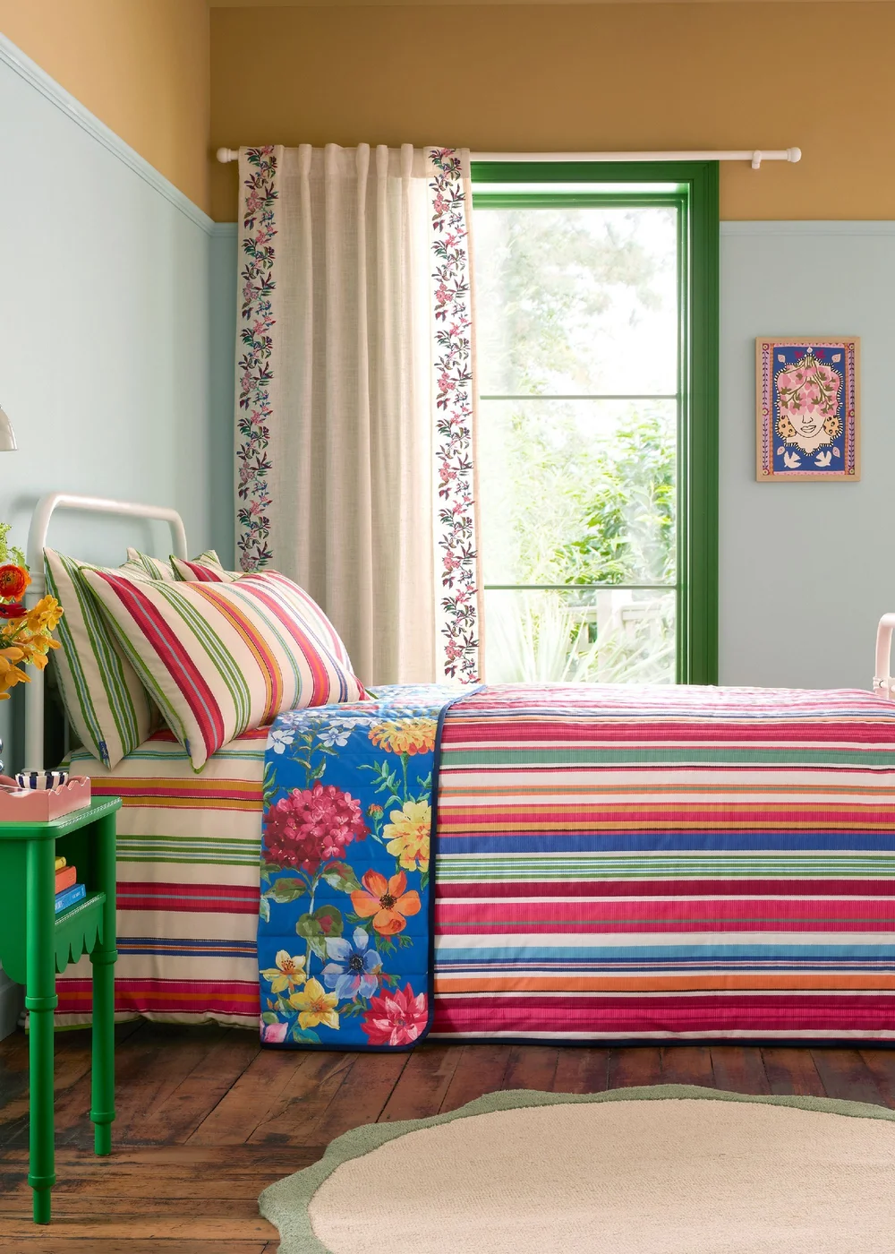 Sophie Robinson Darling Floral Reversible Stripe 240x260cm Bedspread Bright - One Size Image 1