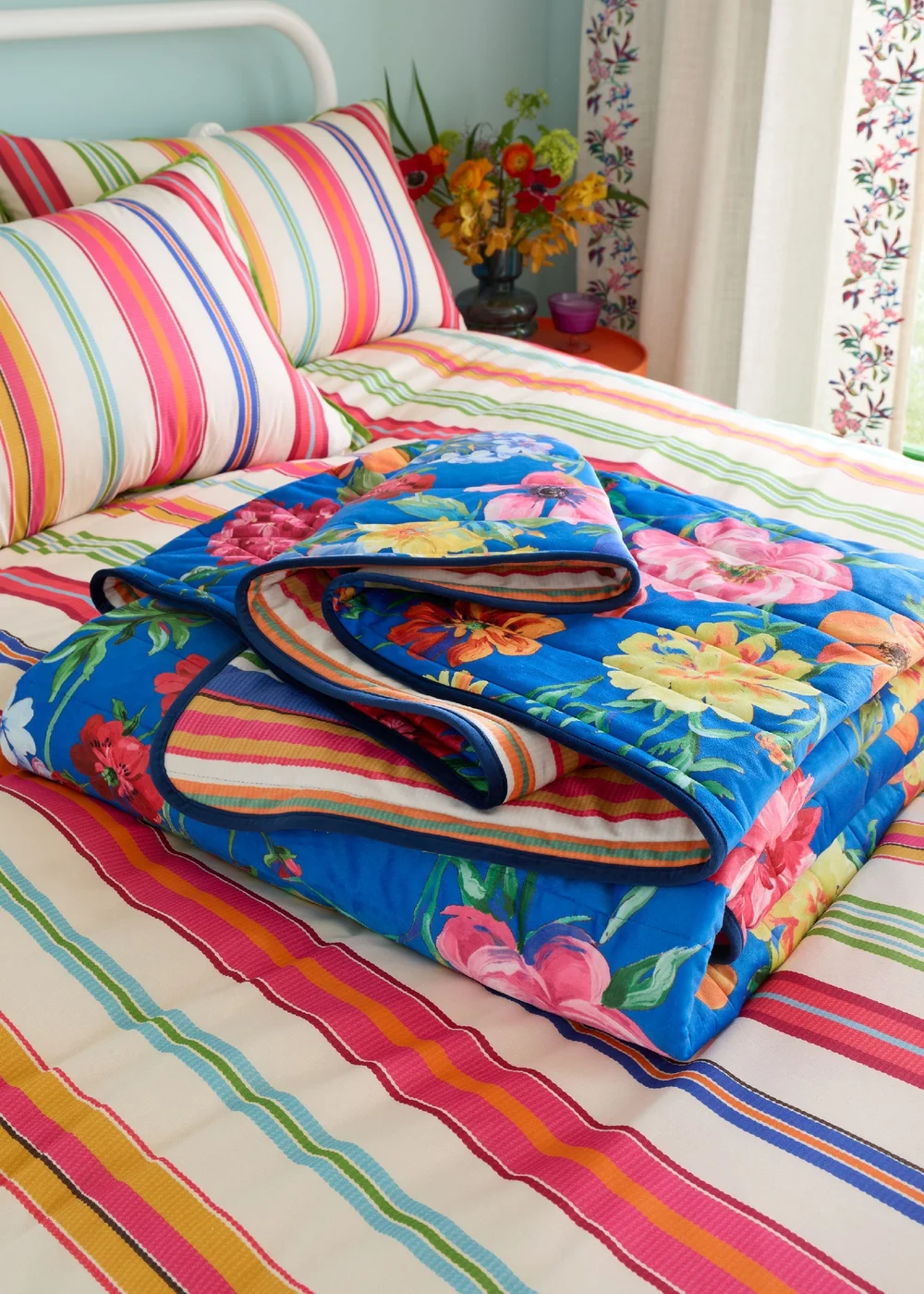 Sophie Robinson Darling Floral Reversible Stripe 240x260cm Bedspread Bright - One Size Image 4