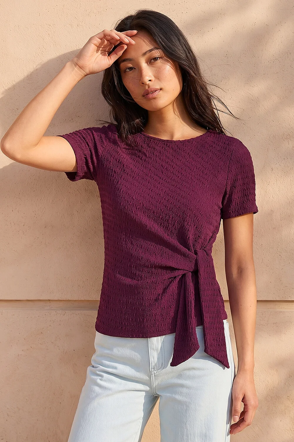 Roman Wine Petite Textured Side Tie Stretch Top - 18 Image 1