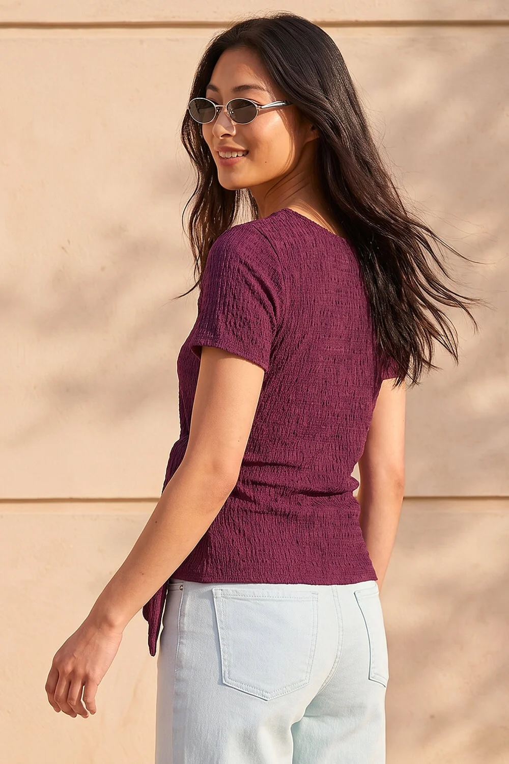 Roman Wine Petite Textured Side Tie Stretch Top - 18 Image 3