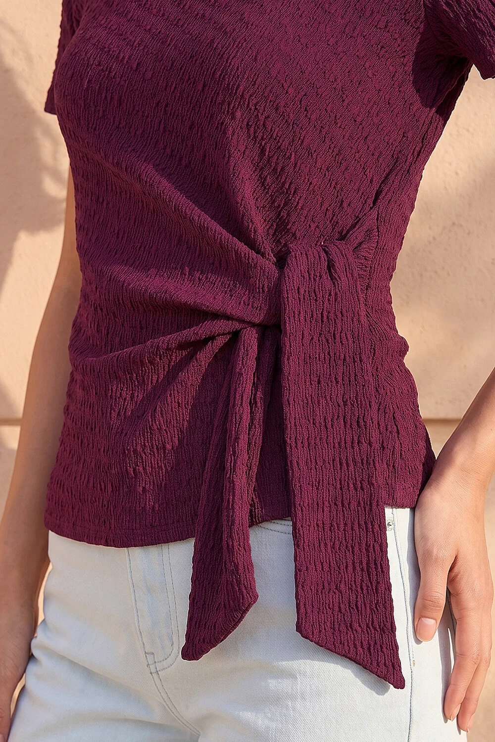 Roman Wine Petite Textured Side Tie Stretch Top - 18 Image 4