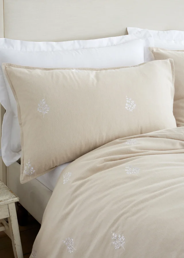 Bianca Fine Linens Brushed Embroidery Leaf Cotton Duvet Cover Set Natural