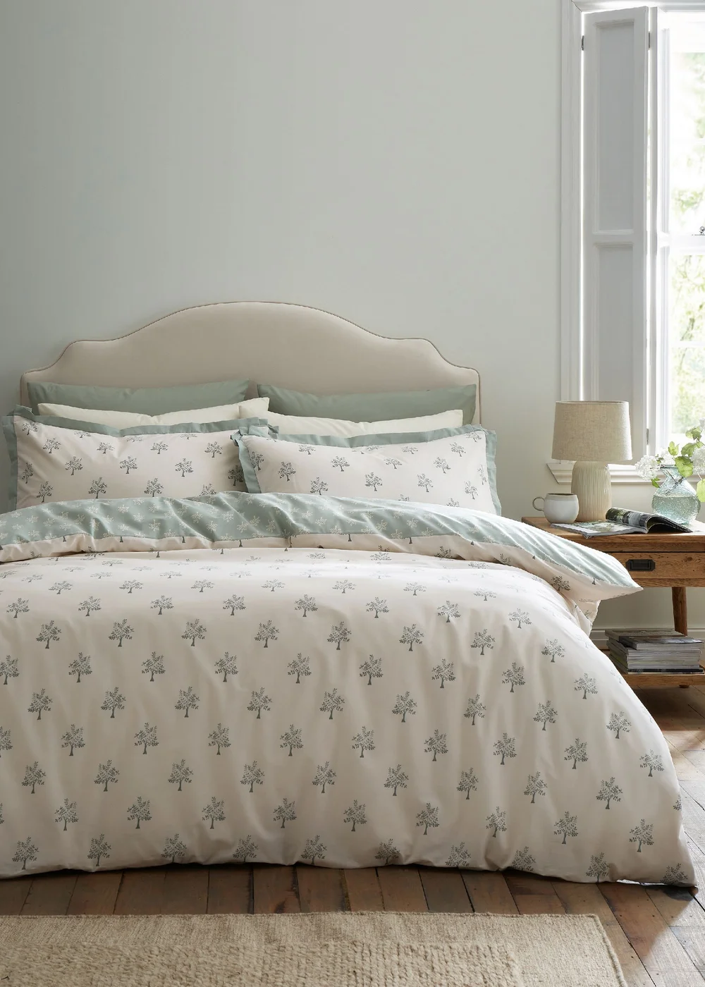 Emily Bond Dapplewood Trees 100% Cotton Reversible Duvet Cover Set Cream - Double Image 1