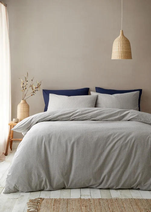 Pineapple Elephant Cotton Rich Narrow Woven Stripe Duvet Cover Set Blue - Single Image 1