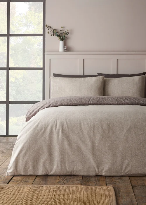 Catherine Lansfield Brushed Herringbone Cotton Reversible Duvet Cover Set Chocolate - Double Image 2
