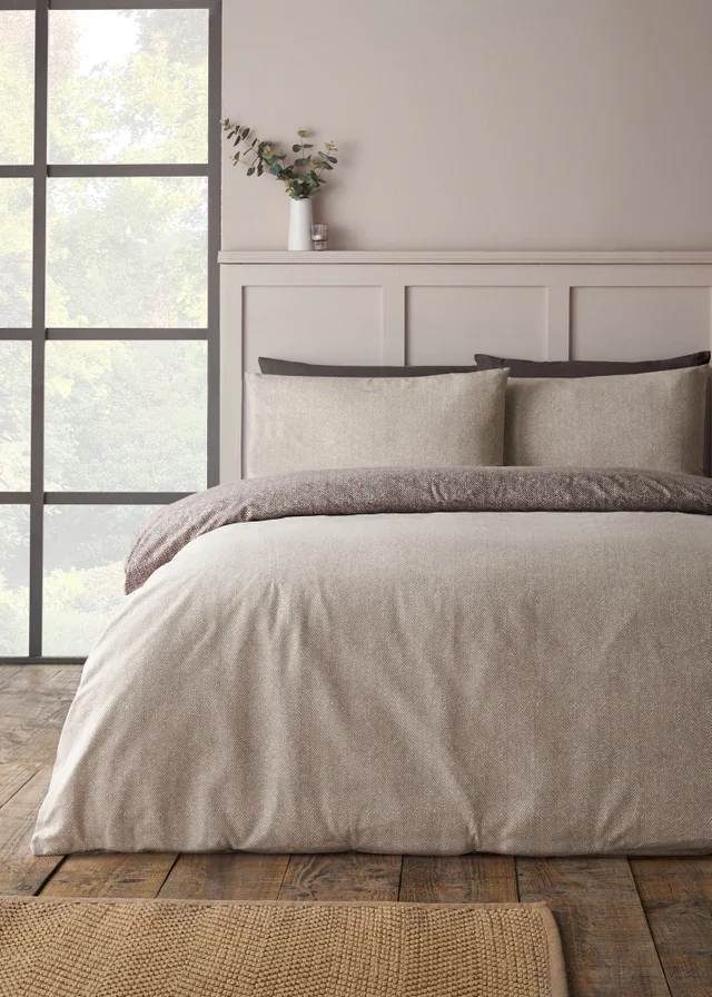 Catherine Lansfield Brushed Herringbone Cotton Reversible Duvet Cover Set Chocolate