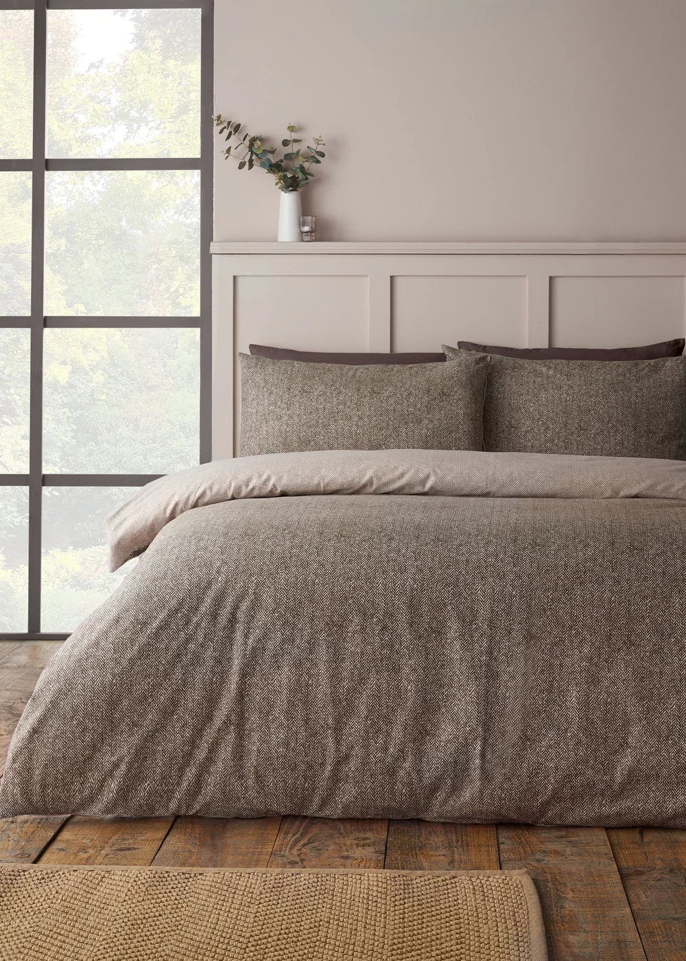 Catherine Lansfield Brushed Herringbone Cotton Reversible Duvet Cover Set Chocolate - Double Image 1