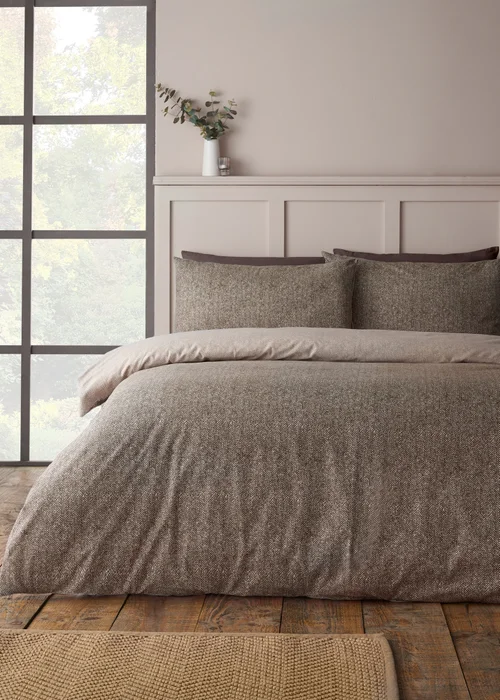 Catherine Lansfield Brushed Herringbone Cotton Reversible Duvet Cover Set Chocolate - Double Image 1