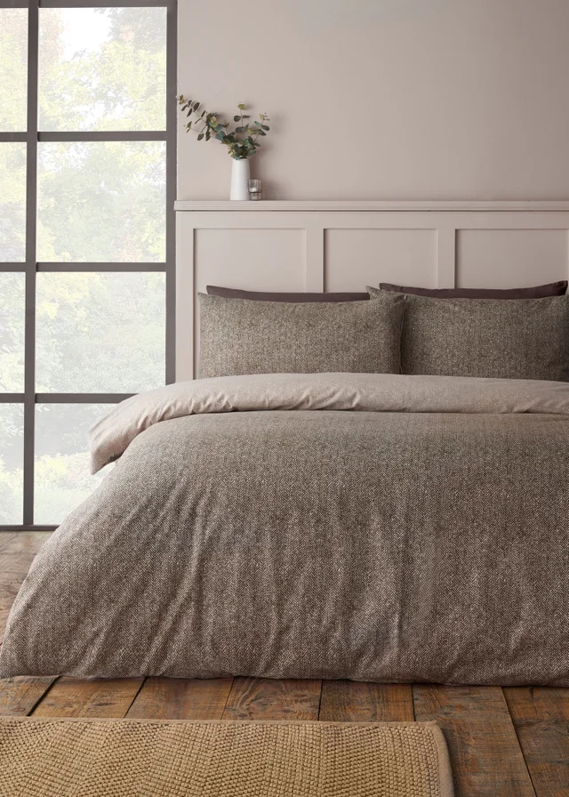 Catherine Lansfield Brushed Herringbone Cotton Reversible Duvet Cover Set Chocolate