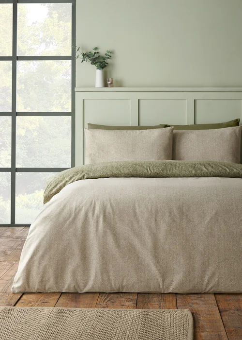 Catherine Lansfield Brushed Herringbone Cotton Reversible Duvet Cover Set Green - Single Image 2