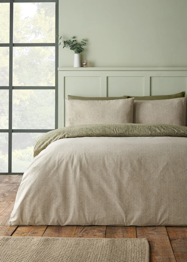 Catherine Lansfield Brushed Herringbone Cotton Reversible Duvet Cover Set Green