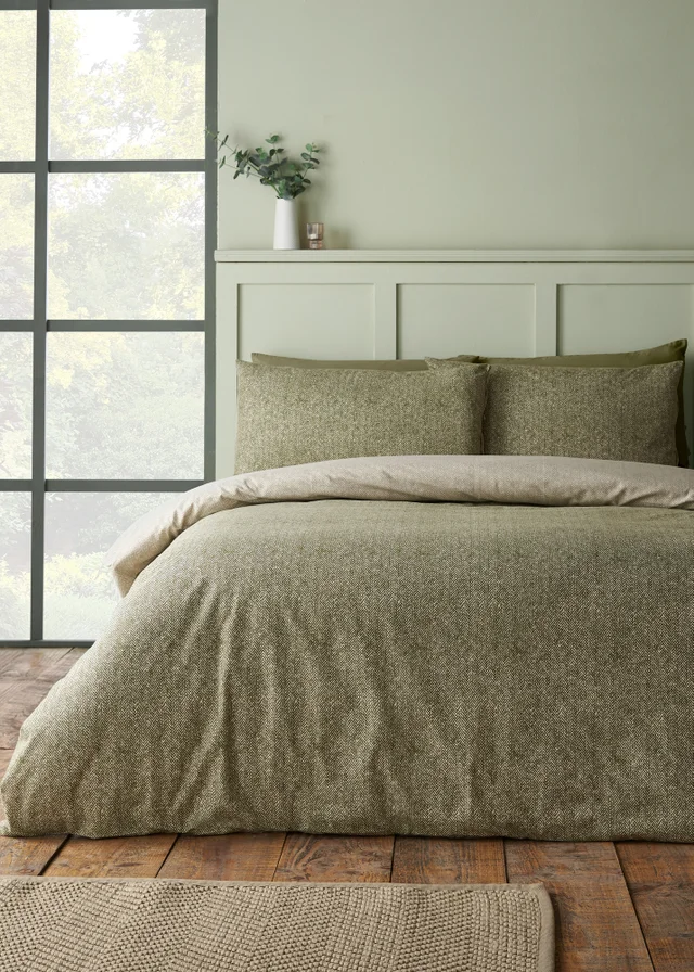 Catherine Lansfield Brushed Herringbone Cotton Reversible Duvet Cover Set Green