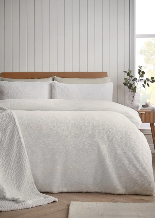 Catherine Lansfield Textured Wave Faux Fur Duvet Cover Set Cream - Single Image 1