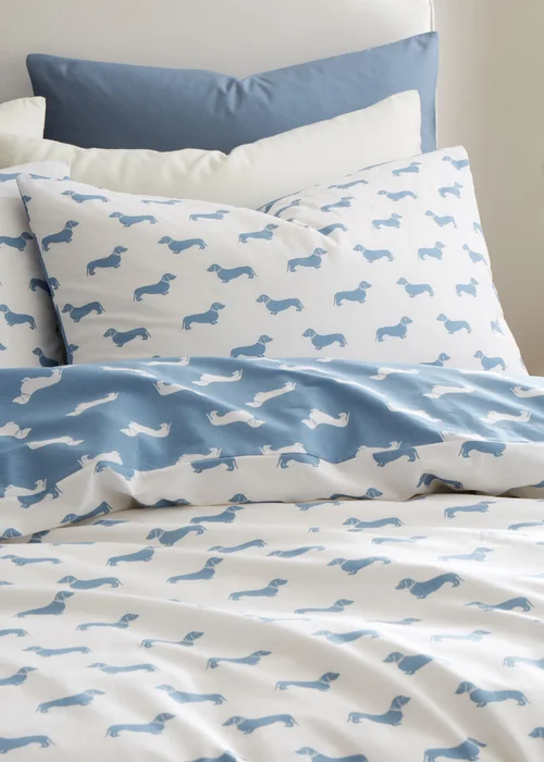 Emily Bond Peggy Dachshund 100% Cotton Reversible Duvet Cover Set Cream / Blue - Single Image 3