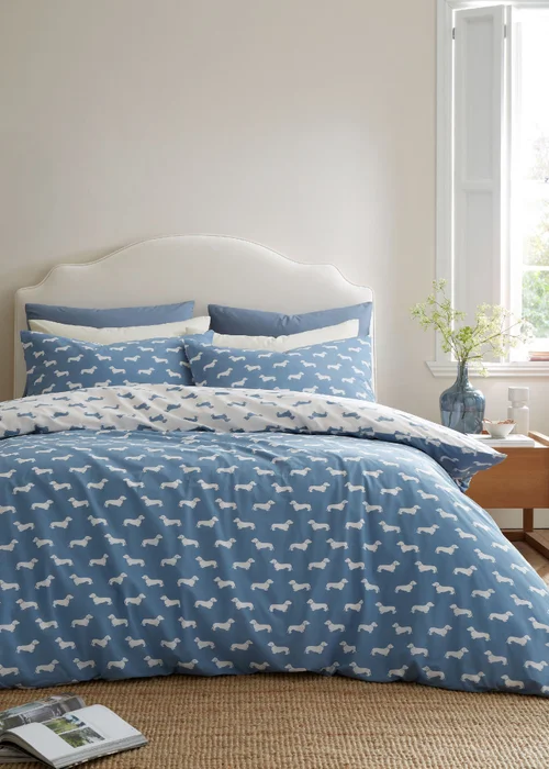 Emily Bond Peggy Dachshund 100% Cotton Reversible Duvet Cover Set Cream / Blue - Single Image 2