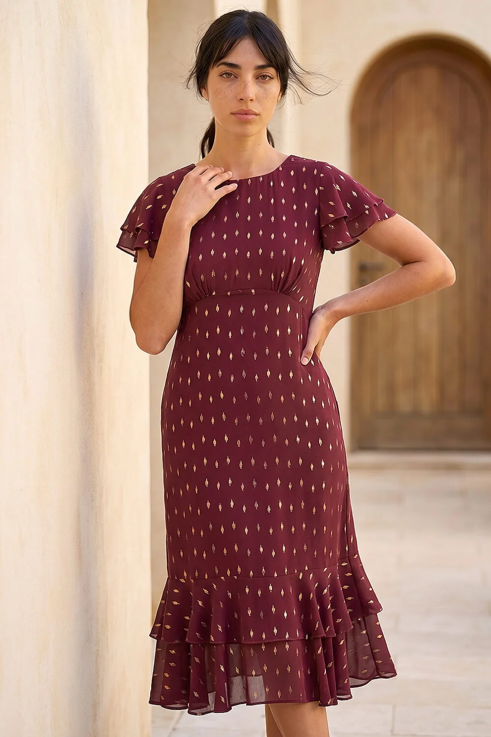 Roman Wine Petite Foil Frill Dress - 12 Image 1