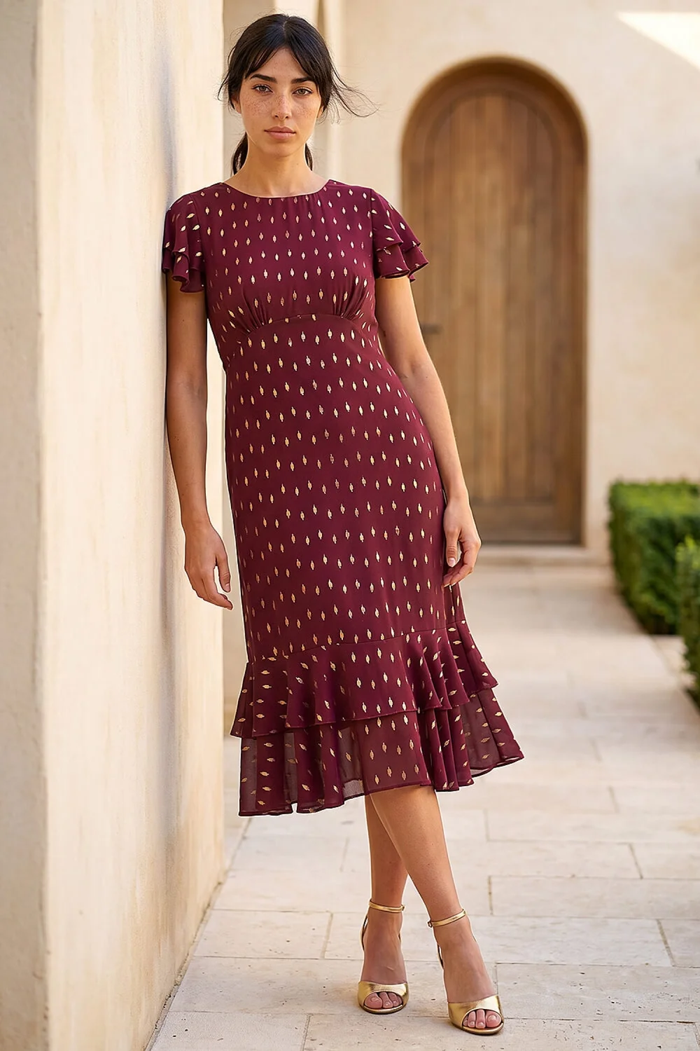 Roman Wine Petite Foil Frill Dress - 12 Image 2